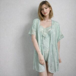 Vintage Mint Green Sheer Lace Robe & Lingerie Set | Coquette Boudoir Peignoir M